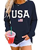 Dressmine Women's Casual USA Flag Fourth of July Shirts America Top Long Sleeve Graphic Crew Neck Sweatshirt Pullover Navy Blue Medium