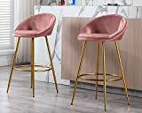 Velvet Bar Stools Set of 2, Tufted Kitchen Bar Height Stools with Back Footrest 30 inch Stool Chairs for Home Bar, Dining Room, Blush Pink