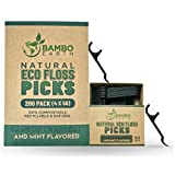 Natural Dental Floss Picks - Eco Friendly Cruelty Free & Vegan Tooth Flossers Pick Set with Biodegradable and Compostable BPA Free Handle & Zero Waste Packaging - 200 Pack (Bamboo Charcoal Flavored)