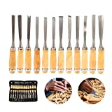 MYOYAY 12Pcs Wood Carving Tools Set Full Size Woodworking Chisels Wooden Knife Gouge Kits Carbon Steel Sculpting Chisel with Canvas Case for Beginners