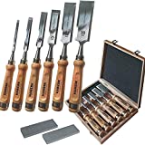 HAWERK Wood Chisel Sets - Wood Carving Chisels with Premium Wooden Case - Includes 6 pcs Wood Chisels & 2 Sharpening Stones