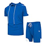 Men's Short Sleeve Tracksuit Shirt and Shorts Suit Fashion 2 Piece Outfits Sets, 78 Blue-XL