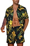 Men's Hawaiian Tracksuit Casual Button-Down Short Sleeve Hawaiian Shirt Suits Fit Beach Floral 2 Piece Vacation Outfits Sets Yellow XL