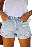 Metietila Women's Ripped High Waisted Denim Shorts Casual Distressed Stretchy Cuffed Hem Jean Shorts Light Blue M