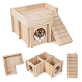 Chngeary Hamster House and Hideout: Multi Chamber Wooden Hamster Tunnel Exploration Toy with Ladder, Cage Accessories for Hamster Rat Gerbils Lemmings.