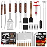 ROMANTICIST 31pcs BBQ Grill Tool Set for Men Dad, Heavy Duty Stainless Steel Grill Utensils Set, Non-Slip Grilling Accessories Kit with Thermometer, Mats in Aluminum Case for Travel, Outdoor Brown
