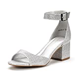 DREAM PAIRS Women's Chunkle Silver Glitter Low Heel Pump Sandals Ankle Strap Dress Shoes - 9 M US