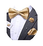 Dubulle Gold Bow Tie Lapel Pin Flower Set with Pocket Square Handkerchief Cufflinks Solid Gold Necktie for Men