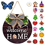 Interchangeable Welcome Sign Wreath for Front Door - Upgraded Front Porch Decor Signs in Round Solid Wood with Greenery,Bow and 16 Seasonal Signs for Farmhouse Front Door,New Home Housewarming Gift(12 Inches)