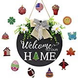 Welcome Sign for Front Door, Wooden Christmas Wreath with 14 Interchangeable Ornaments, Front Porch Farmhouse Office Classroom Door Hanging as Christmas Halloween Housewarming Gift(12in)