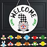 Interchangeable Welcome Sign for Front Door, Distaratie Seasonal Gnomes Welcome Sign Wood Wall Hanging for Summer, 4th of July, Porch, Outdoor Decor 12" Housewarming Birthday Gift Ideas - White