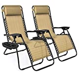 Best Choice Products Set of 2 Adjustable Steel Mesh Zero Gravity Lounge Chair Recliners w/Pillows and Cup Holder Trays, Beige