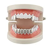 Psivika Gold Plated Shiny Hip Hop Teeth Grillz Caps Iced Out CZ Top and Bottom Vampire Fangs Grillz for Men and Women (Silver)