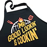 Mr Good Lookin' is Cookin' BBQ Apron, Grill Apron, Dad Apron, Funny Black Kitchen Apron with 3 Pockets,100% Cotton Durable
