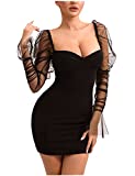 L'VOW Sexy See-Through Mesh Sheer Puff Long Sleeve Club Dresses Bodycon Party Clubwear for Women (Black, M)