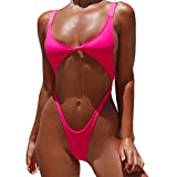 YAUASOPA Women's Sexy V Neck Tie Front Cutout High Cut One Piece Swimsuit Bathing Suit (US(2-4) S, Fluorescence Pink)