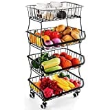 Fruit and Vegetable Storage - 4 Tier Fruit Basket Stand for Kitchen Floor, Metal Wire Storage Backets with Wheels for Produce Pantry Vegtable Organizer Black