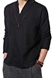 Cafuny Mens Long Sleeve V Neck Natural Linen Popover Shirt Casual Henley T Shirt Top S Black