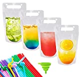 Drink Pouches for Adults, Reusable Juice Pouches for Drinks with Straws Silicone Funnel, 50 Pcs Hand-held Drink Bags Plastic Smoothie Pouches for Cold Hot Drinks