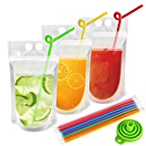 100pcs Reusable Drink Pouches with 100 Individually Wrapped Straws for Adults Clear Drink Bags with Disposable Plastic Straws Smoothie Bags Juice Bags Reclosable Double Zipper Handheld Drink Pouches