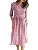 MEROKEETY Women's 3/4 Balloon Sleeve Striped High Waist T Shirt Midi Dress Red