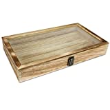 MOOCA Wooden Jewelry Display Case with a Tempered Glass Top Lid, Home organization Accessories Storage Box with Metal Clasp Oak Color, 15"W x 8 1/2"D x 2"H