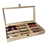 Ikee Design Wooden Eyewear Glass Display Case Tray 12 Compartments Sunglasses Organizers and Storage Box With Lid Wooden Box for Essential Eye-wear Display Glasses Case, 19.29"W x 10"D x 3.3"H