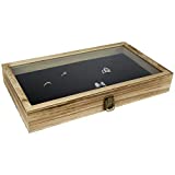 Mooca Wood Glass Top Jewelry Display Case, Wooden Jewelry Tray for Collectibles, Home Organization Storage Box with 72 Slot Compartments Black Ring Tray, Oak Color