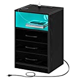 Seventable Nightstand with Charging and LED Lights, Modern End Side Table with 3 Drawers and Open Storage for Bedroom,Black