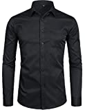 ZEROYAA Men's Long Sleeve Dress Shirt Solid Slim Fit Casual Business Formal Button Up Shirts with Pocket ZSSCL01 Black Medium