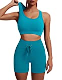 Sytiz Seamless Ribbed Workout Sets for Women Sports Bra + Bike Shorts High Waist Yoga Gym Running 2 Piece Outfits (Teal Blue, Large)