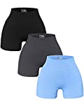 OQQ Women's 3 Piece Yoga Shorts Ribbed Seamless Workout High Waist Athletic Leggings Black Grey Candyblue