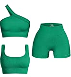 OQQ Women's 3 Piece Outfits Ribbed Seamless Exercise Scoop Neck Sports Bra One Shoulder Tops High Waist Shorts Active Set Green