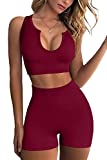 FAFOFA 2 Piece Workout Set for Women Ribbed Notch Neckline Crop Tank Tummy Control Shorts Seamless Activewear Wine L