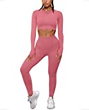 OYS Women's 2 Piece Tracksuit Workout Outfits Seamless High Waist Leggings Sports Long Sleeve Gym Sets Red