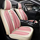 Leather&Fabric Car Seat Covers, Faux Leatherette Automotive Vehicle Cushion Cover for Most Sedan SUV Truck Fit (Beige-Pink)