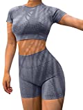 HYZ Yoga 2 Piece Outfits Workout Running Crop Top Seamless High Waist Shorts Sets Grey