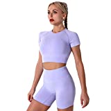 Yoga Outfits for Women 2 Piece Workout Sets Seamless High Waist Yoga Leggings Running Biker Shorts and Short Sleeve Crop Tops Athletic Gym Clothes Light Purple Small