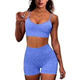 MANON ROSA Workout Sets for Women 2 Piece Seamless Gym Yoga Outfits Clothes Thin Strip Sports Bra Top High Waist Shorts Exercise Fitness Blue Small