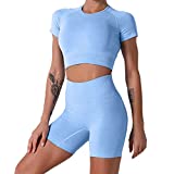 Nicytore Yoga Outfits for Women 2 Piece Set Tracksuit Seamless Short Sleeve Crop Top Workout Leggings Sportwear (Blue01, L)