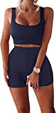 TWFRHC Women's Workout Sets Ribbed Tank 2 Piece Seamless High Waist Gym Outfit Yoga Shorts Sets, 01navy Blue