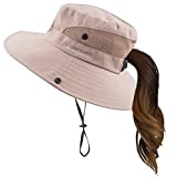 Mukeyo Womens Summer Sun Hat Wide Brim Outdoor UV Protection Hat Foldable Ponytail Bucket Cap for Beach Fishing Hiking Pure Pink