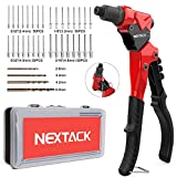 NEXTACK Rivet Gun, 10.5" Swivel Head Pop Rivet Gun with 200 Assorted Rivets Kit, 4 Drill Bits & 4 Nosepieces Incl. 1/8" & 3/16" for Tight Space in Organized Storage Case NT200