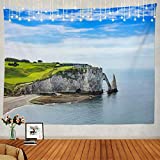 Shrahala Ocean Tapestry, Etretat Aval Cliff Rocks and Natural Arch Landmark Wall Hanging Large Tapestry Psychedelic Tapestry Decorations Bedroom Living Room Dorm(51.2 x 59.1 Inches, Blue 7)