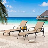 Sports Festival 3Pc Chaise Lounge Set of 2 Patio Chairs with Adjustable Back in 4 Reclining Levels and Bistro Table Metal Outdoor Furniture for Poolside (Beige)