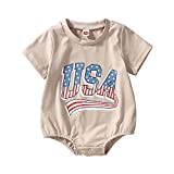 Toddler Infant Baby Boy Girl 4th of July Outfit Oversized Romper/ USA Shirts+Shorts Retro American Flag Matching Clothes(B Khaki Romper,12-18Months)