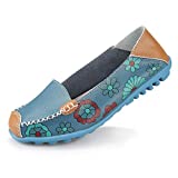 Ablanczoom Womens Comfortable Leather Floral Print Flats Casual Driving Loafers Walking Shoes for Women Blue