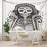 Ambesonne Day of The Dead Tapestry, Dia de Los Muertos Skull and Girl with Headphones Music Lover Print, Wide Wall Hanging for Bedroom Living Room Dorm, 80" X 60", Dimgrey Dust