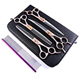 Fenice Peak 7 Professional Dog Grooming Scissors Set Rose Gold 440C Stainless Steel Straight Thinning Curved Chunker Shears 4pcs Set for Pet Grooming Services Dogs and Cats