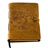 Leather Journal for women and men embossed 8 x 6 inch Handmade Lined craft paper tree of life sun and moon notebook writing notepad book of shadows journal (Brown)